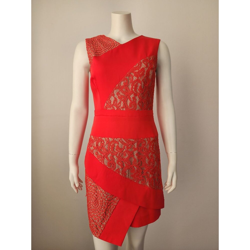 BCBG MaxAzria Dalia red tan lace sheath dress 6
